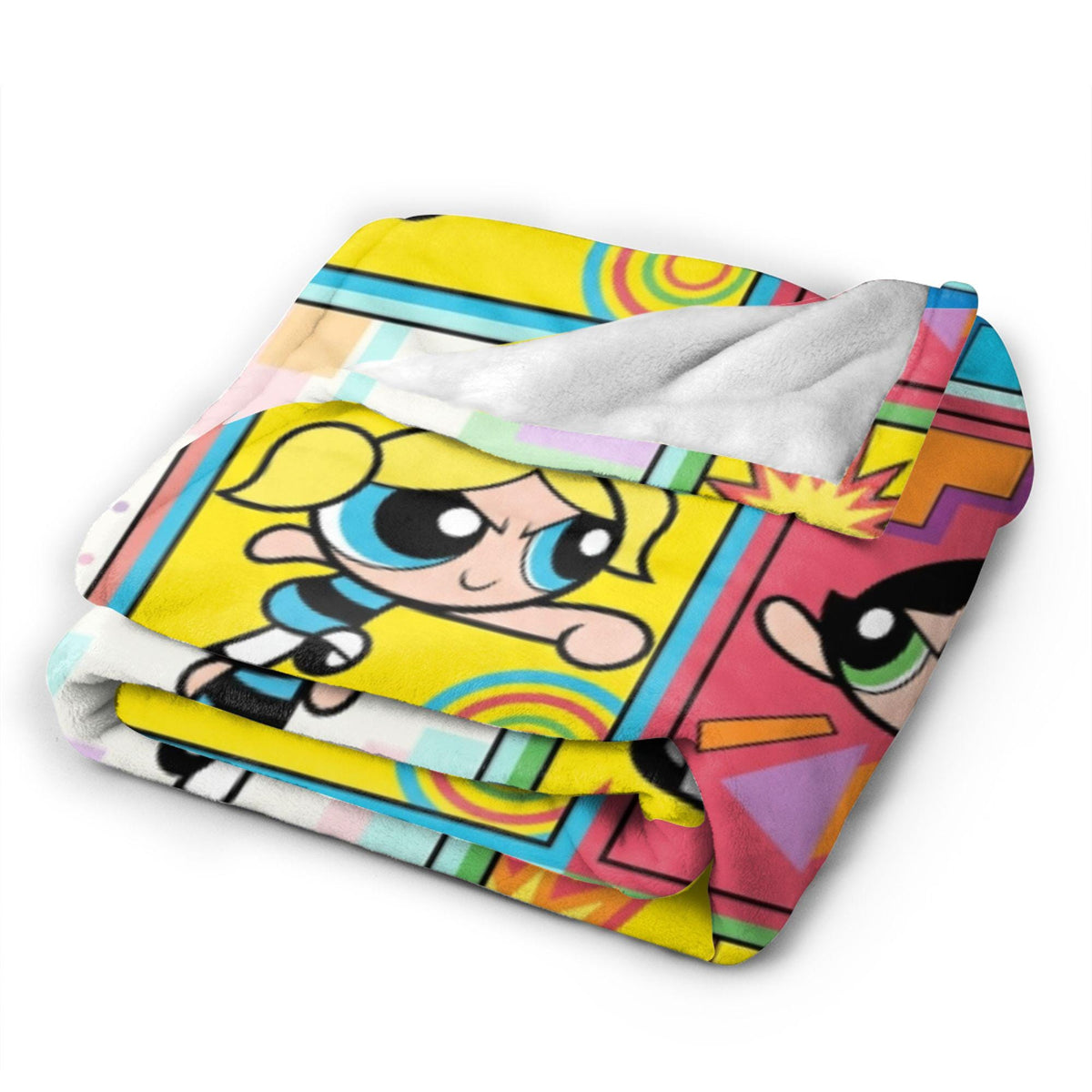 Retro Powerpuff Girls Comic Fleece Blanket, Custom Name Grid Throw