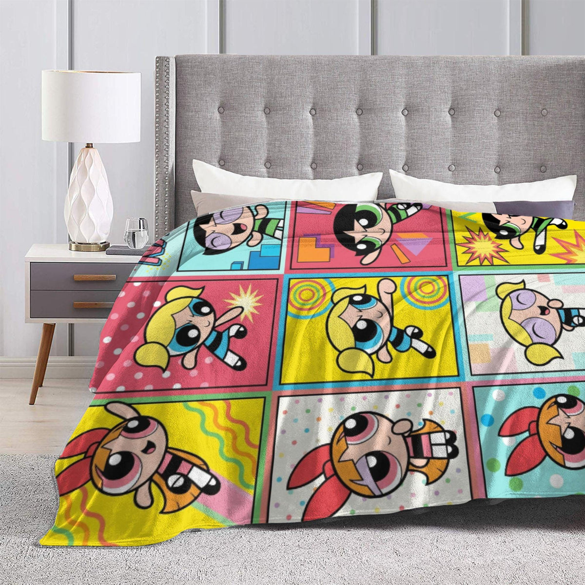 Retro Powerpuff Girls Comic Fleece Blanket, Custom Name Grid Throw