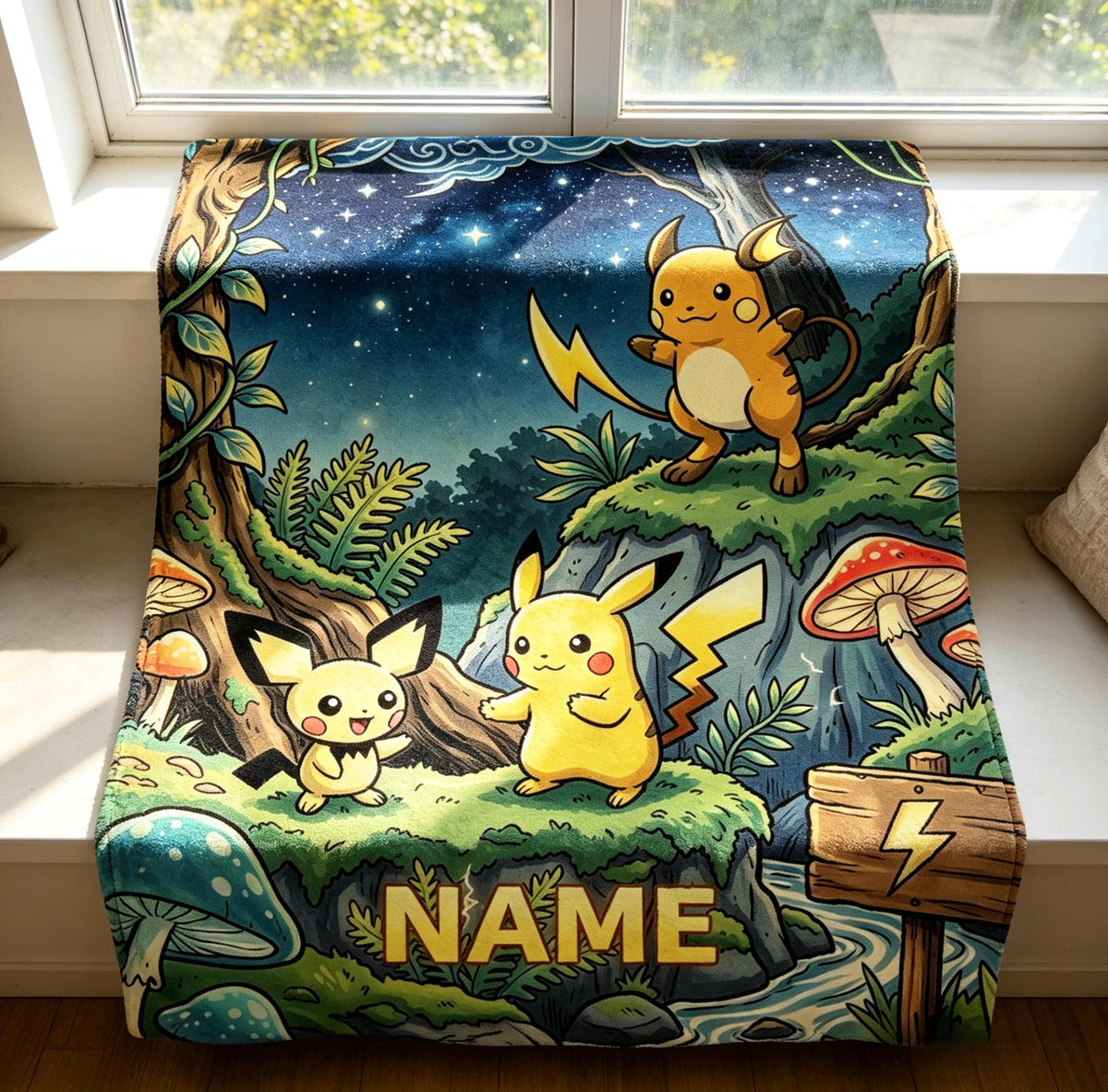 Personalized Pikachu Family Throw Blanket, Custom Name Pokemon Blanket, Kids Anime Gift