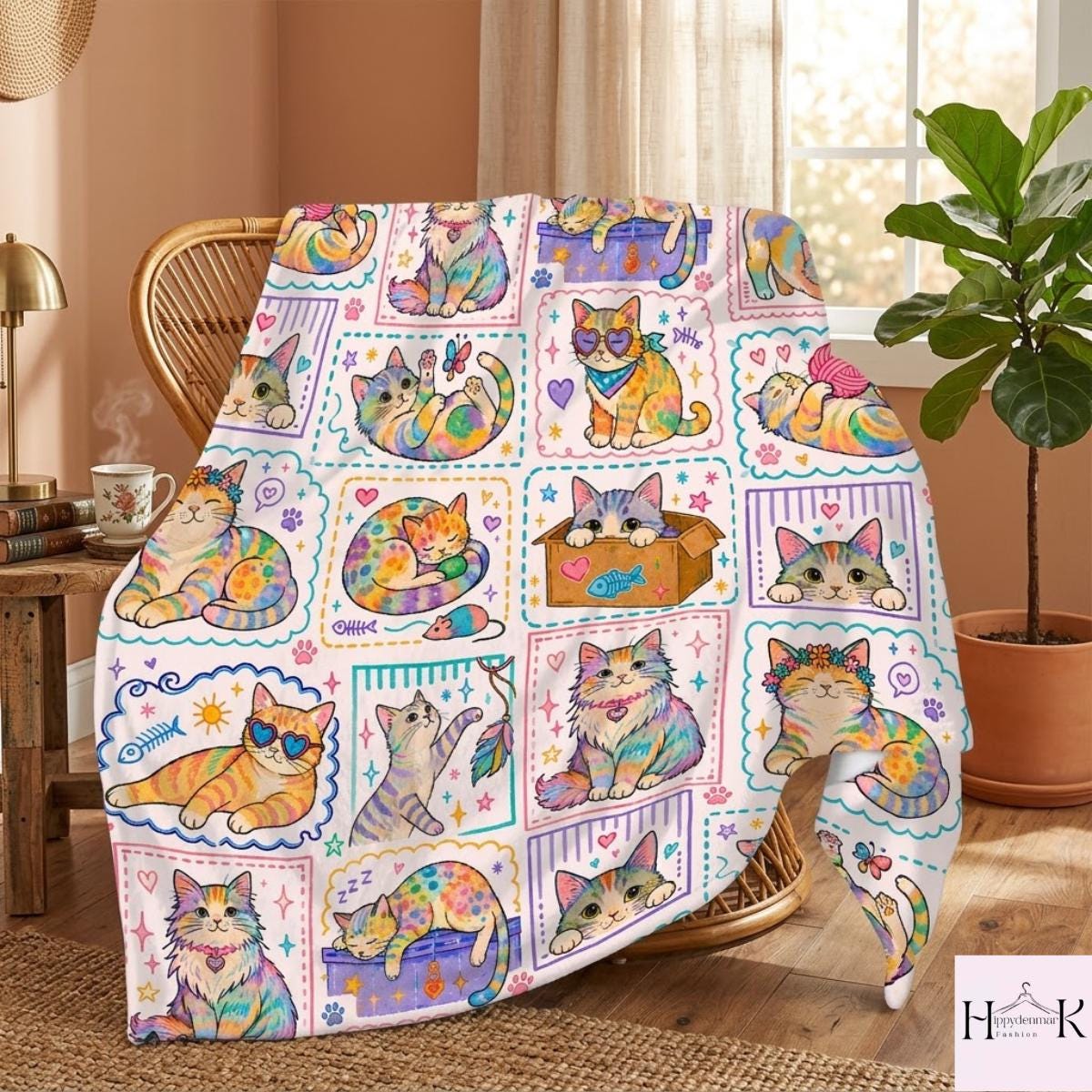 Pastel Kawaii Cat Blanket, Rainbow Kitty Throw Blanket, Cute Coquette Cat Lover Gift, Whimsical Cottagecore Fleece Blanket, Colorful Decor