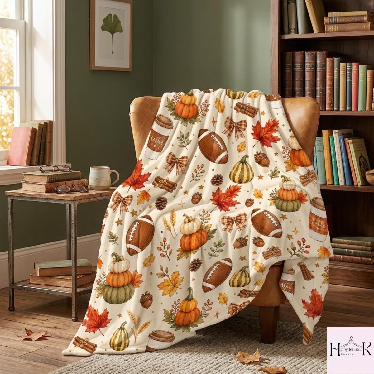 Fall Football Blanket, Pumpkin Spice Latte Throw, Autumn Leaves Cozy Blanket, Thanksgiving Decor, Game Day Gift