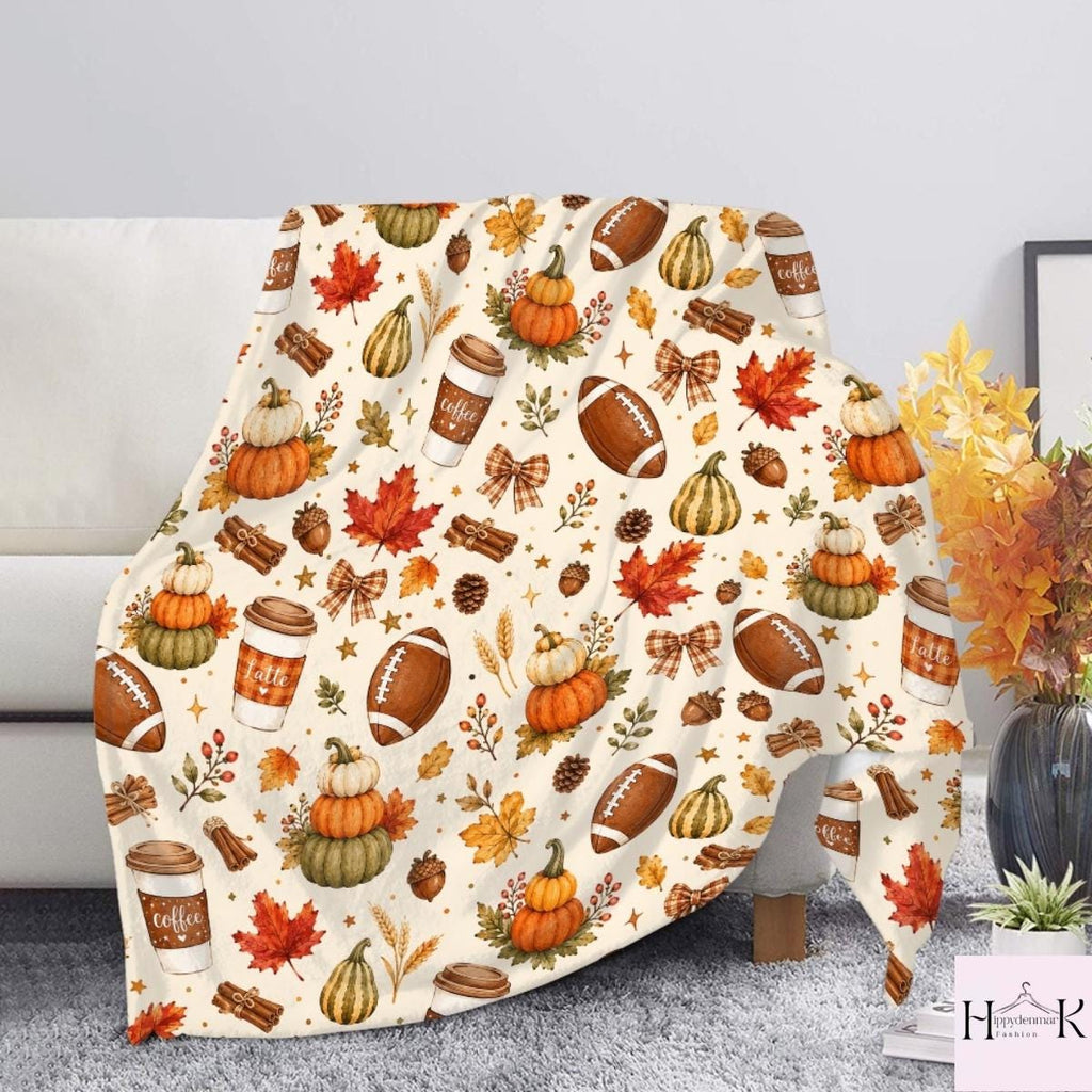 Fall Football Blanket, Pumpkin Spice Latte Throw, Autumn Leaves Cozy Blanket, Thanksgiving Decor, Game Day Gift