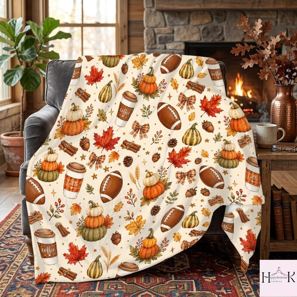 Fall Football Blanket, Pumpkin Spice Latte Throw, Autumn Leaves Cozy Blanket, Thanksgiving Decor, Game Day Gift