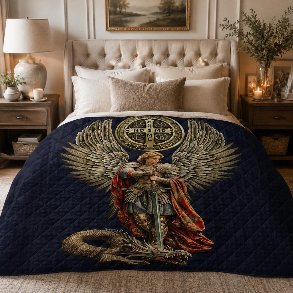 Saint Michael Archangel Warrior Quilt Blanket, Christian Faith Home Decor
