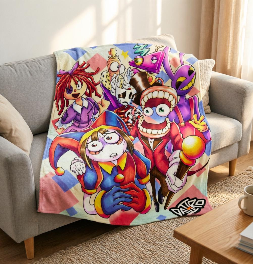 Personalized Digital Circus Fleece Blanket, Pomni TADC Character Throw, Cartoon Birthday Gift