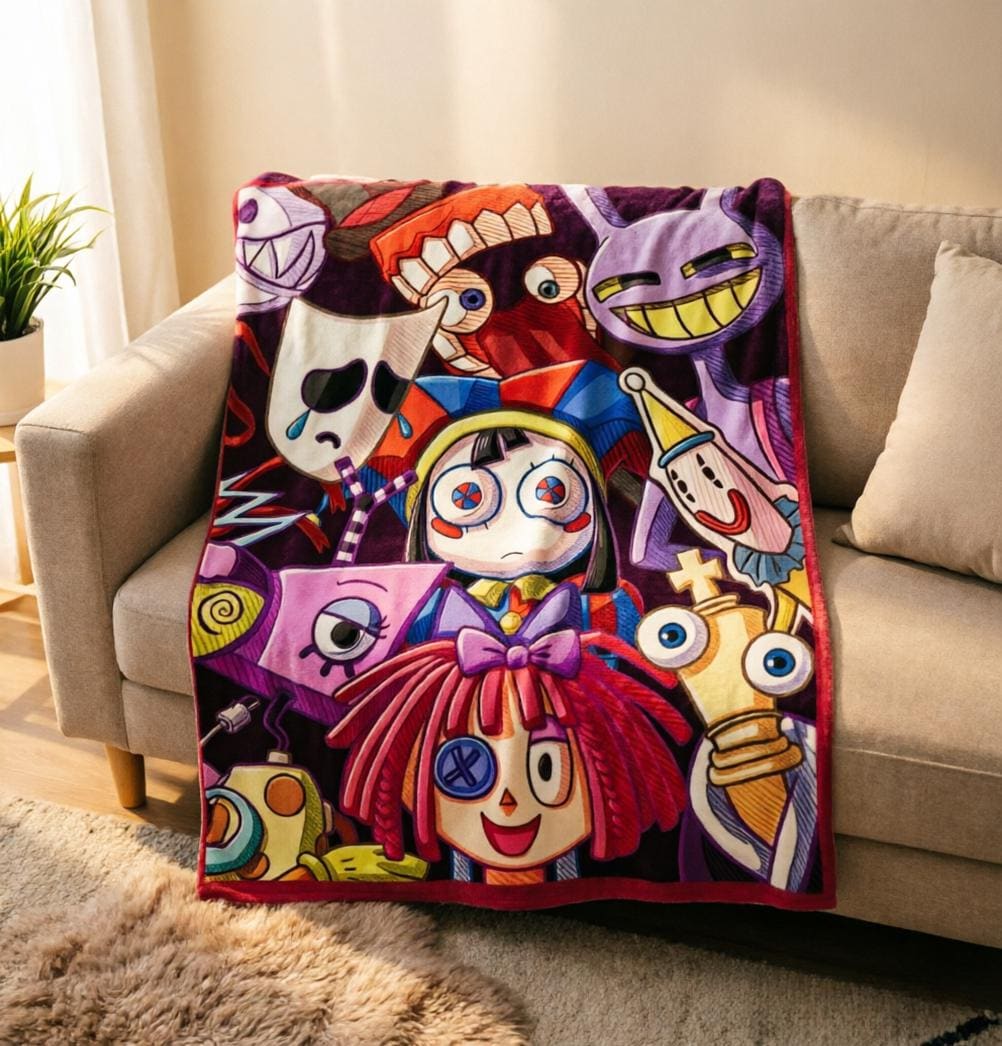 Personalized Digital Circus Fleece Blanket, Pomni Character Throw, Cartoon Birthday Gift