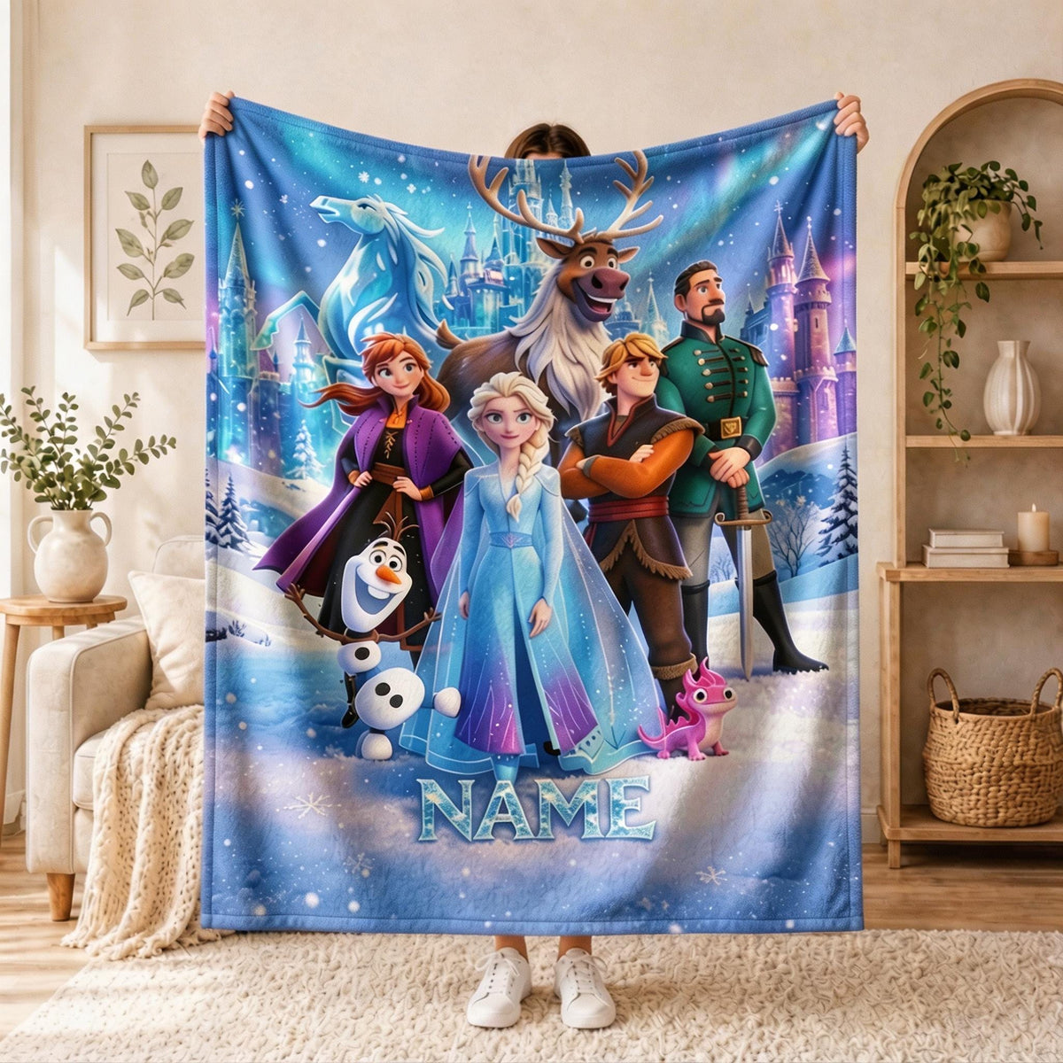 Girls Custom‑Name Ice Queen Blanket Soft Throw, Winter Character Printed Bedding
