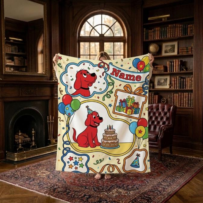 Personalized Clifford The Big Red Dog Blanket, Custom Name Quilt Throw, 3 Patchwork Styles, Soft Flannel Kids Birthday Gift