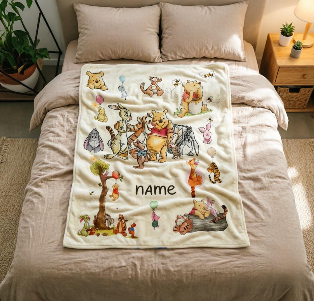 Custom Name Winnie the Pooh Blanket, Hundred Acre Wood Characters, Cozy Flannel Fleece Throw