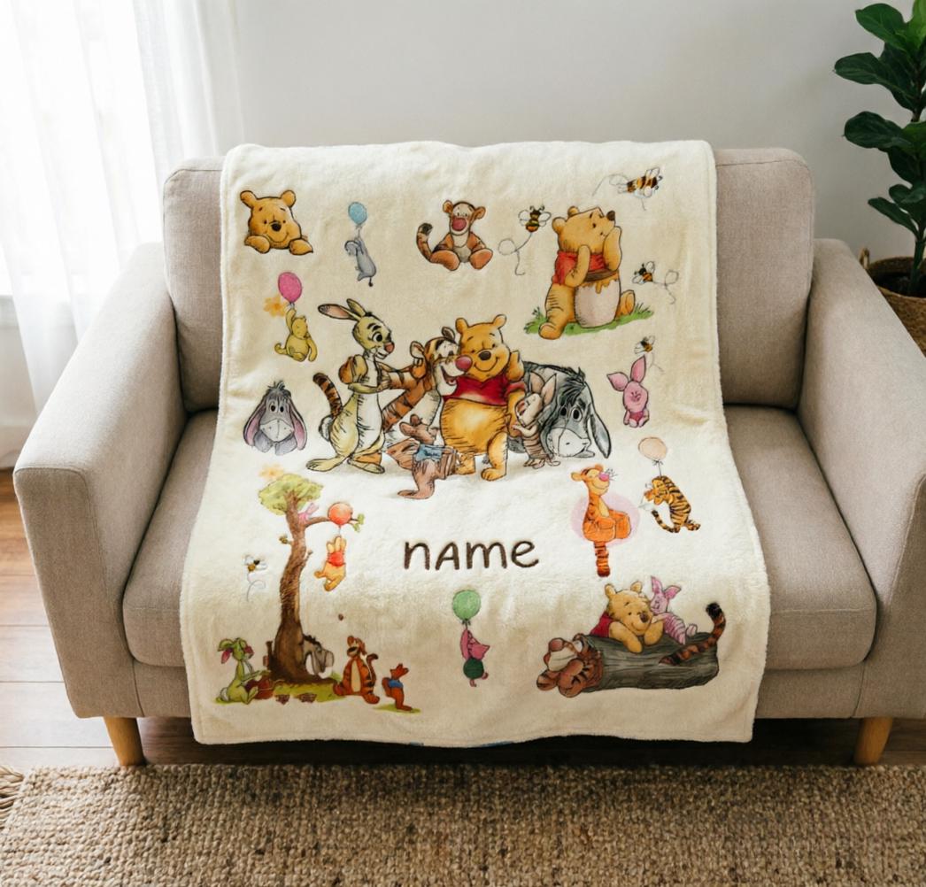 Custom Name Winnie the Pooh Blanket, Hundred Acre Wood Characters, Cozy Flannel Fleece Throw