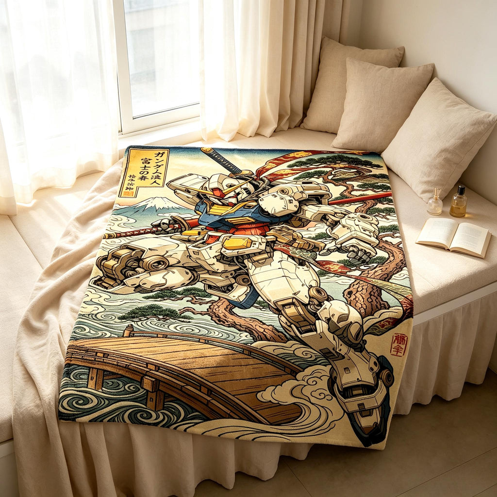 Traditional Japanese Style RX-78 Gundam Throw Blanket,Retro Wave Art Fleece Throw,Male Gamer Holiday Gift