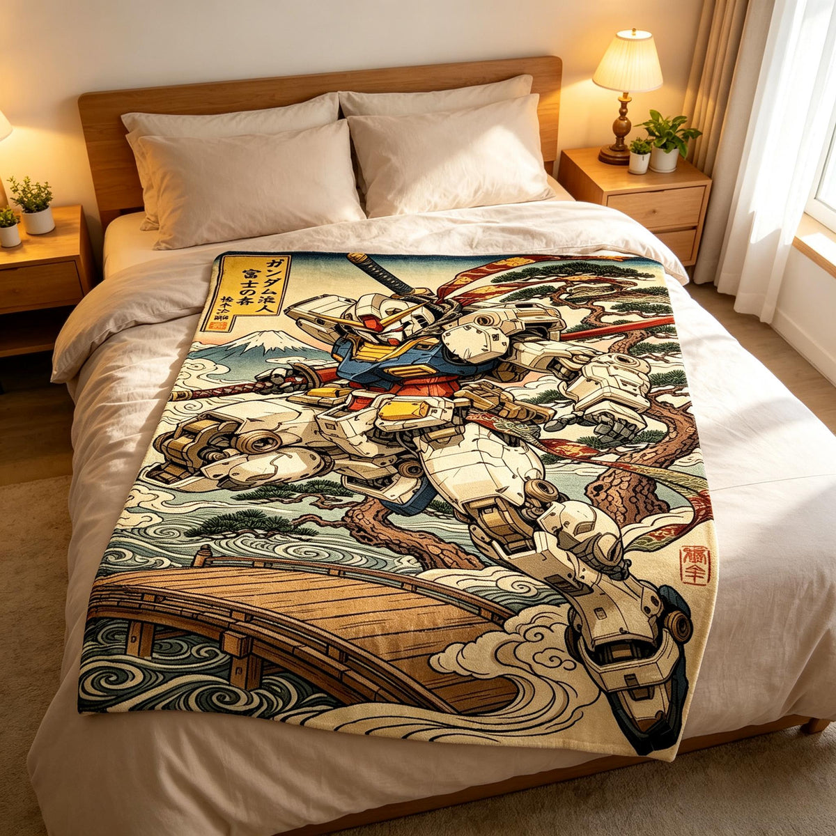 Traditional Japanese Style RX-78 Gundam Throw Blanket,Retro Wave Art Fleece Throw,Male Gamer Holiday Gift