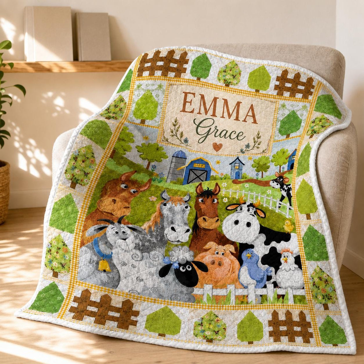 Personalized Farm Animal Quilt, Custom Baby Name Blanket, Barnyard Nursery Decor