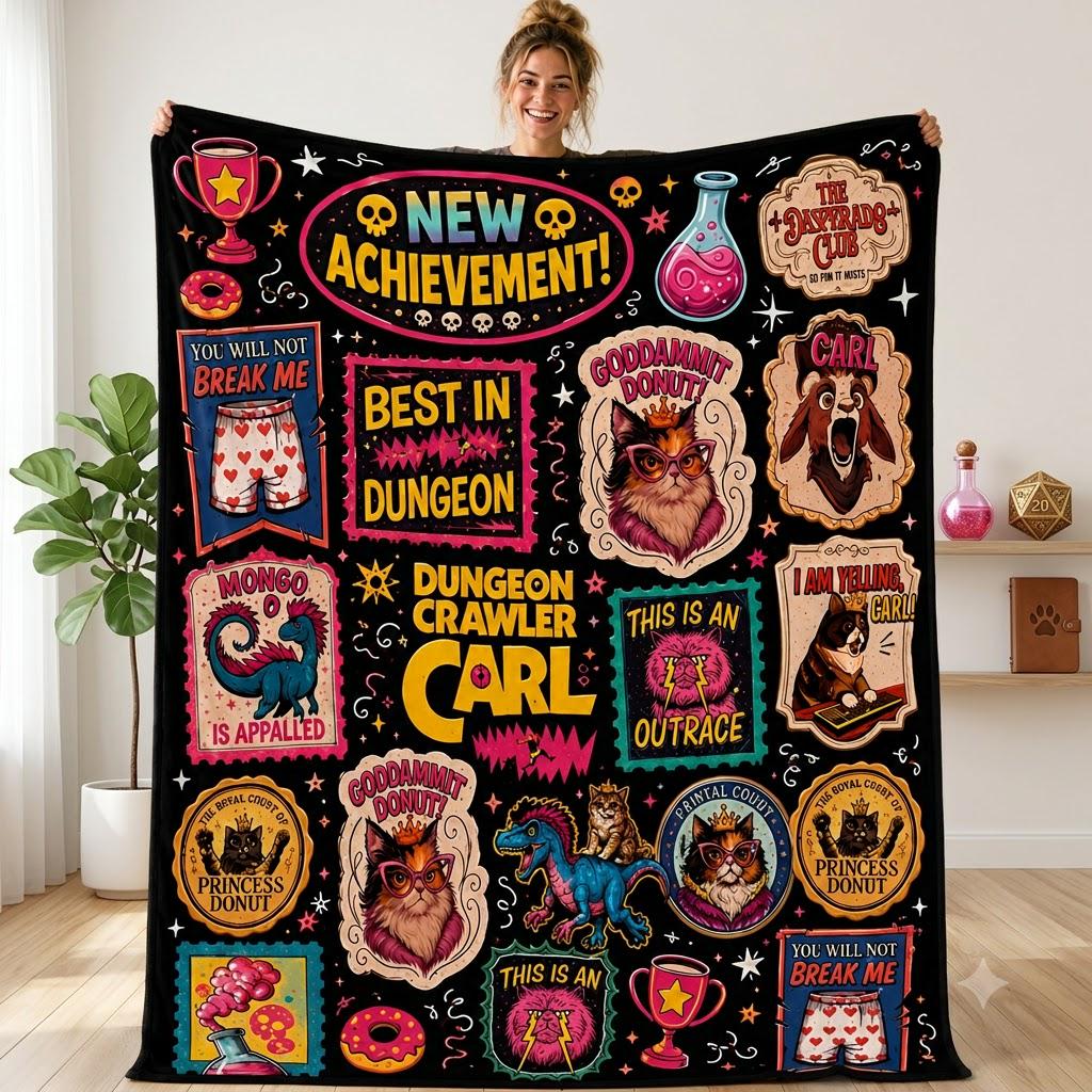 Dungeon Crawler Blanket, New Achievement Throw Blanket, DCC Fan Gift, Nerd Fantasy Blanket, Gamer Fleece Blanket, Cozy Gaming Decor