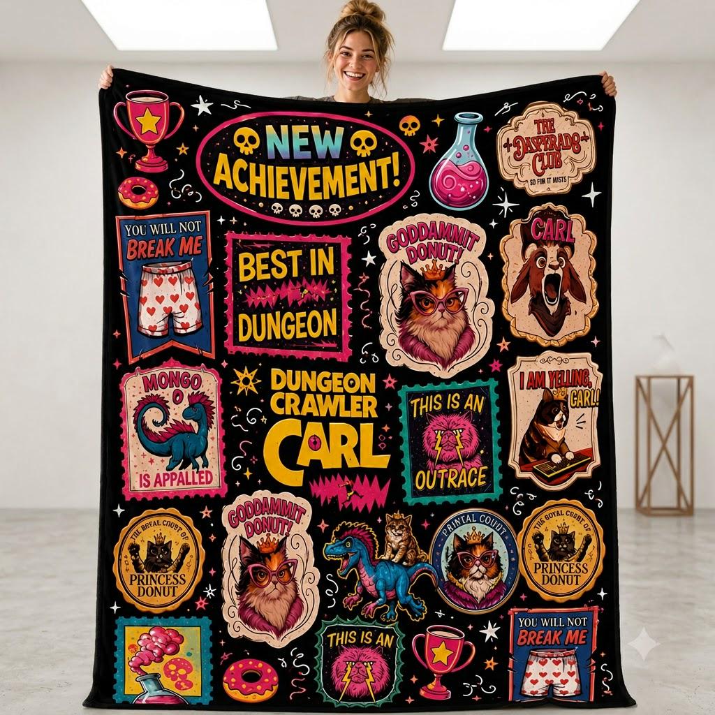 Dungeon Crawler Blanket, New Achievement Throw Blanket, DCC Fan Gift, Nerd Fantasy Blanket, Gamer Fleece Blanket, Cozy Gaming Decor