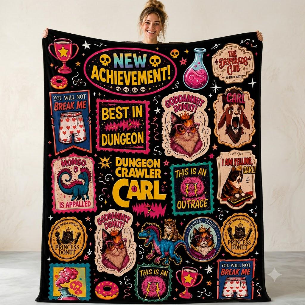 Dungeon Crawler Blanket, New Achievement Throw Blanket, DCC Fan Gift, Nerd Fantasy Blanket, Gamer Fleece Blanket, Cozy Gaming Decor