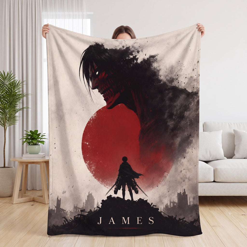 Personalized AOT SNK Blanket with Name, Custom Anime Flannel Throw for Couch Bed, Epic Manga Otaku Room Decor, Gift for Japanese Anime Fan