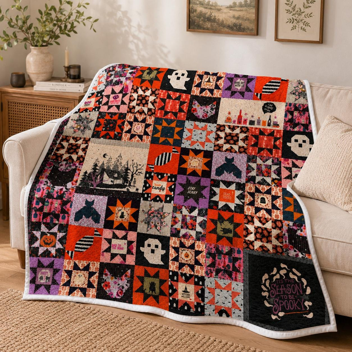 Halloween Patchwork Quilt Blanket, Spooky Ghost Pumpkin Witch Throw, Cozy Fall Decor