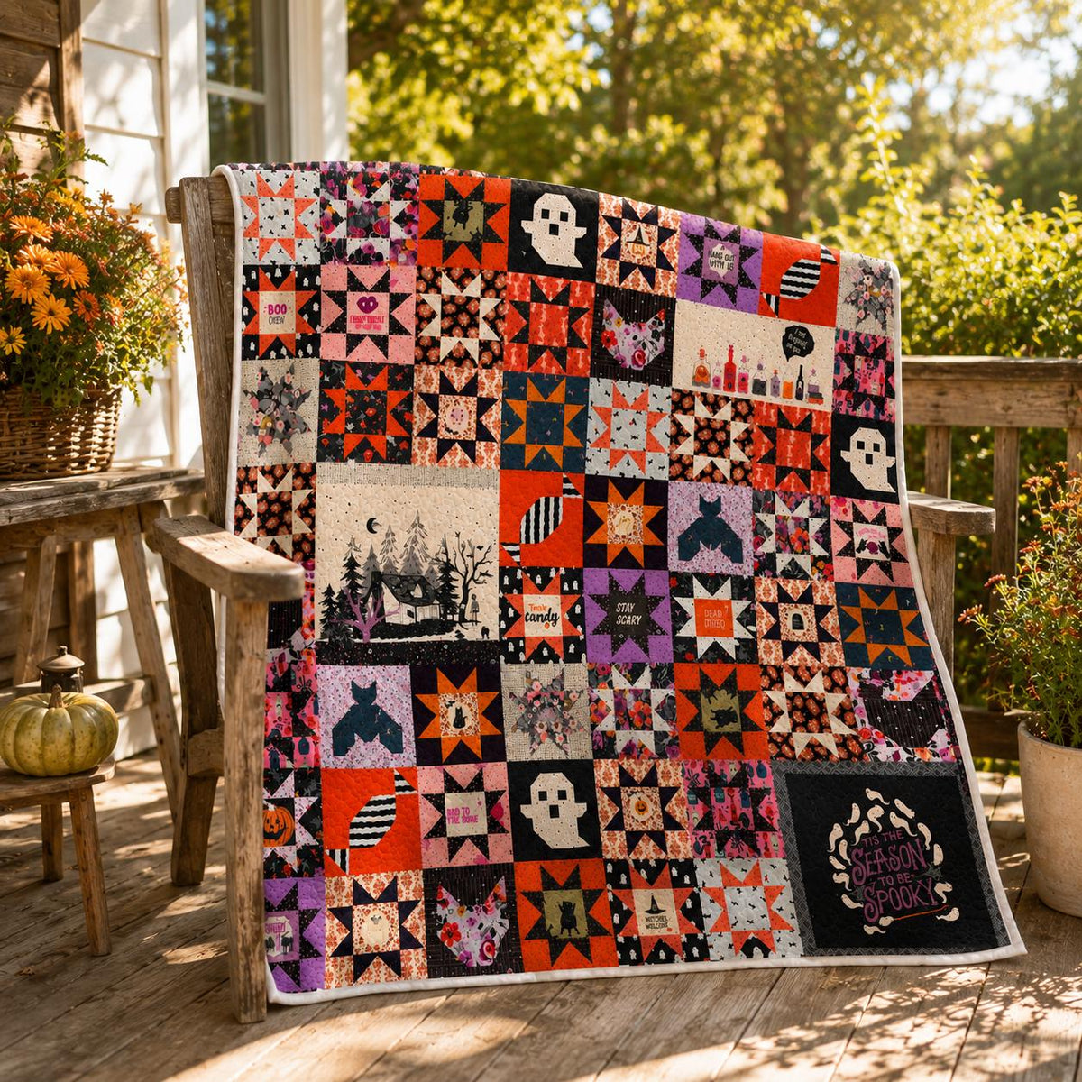 Halloween Patchwork Quilt Blanket, Spooky Ghost Pumpkin Witch Throw, Cozy Fall Decor