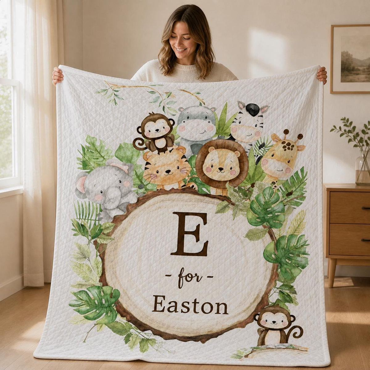 Personalized Safari Animal Quilt Blanket, Jungle Nursery Decor, Custom Baby Keepsake