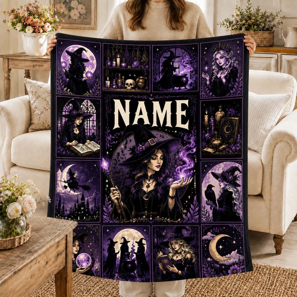 Dark Fantasy Fans Custom Name Blanket Soft Throw, Witch Collage Character Print