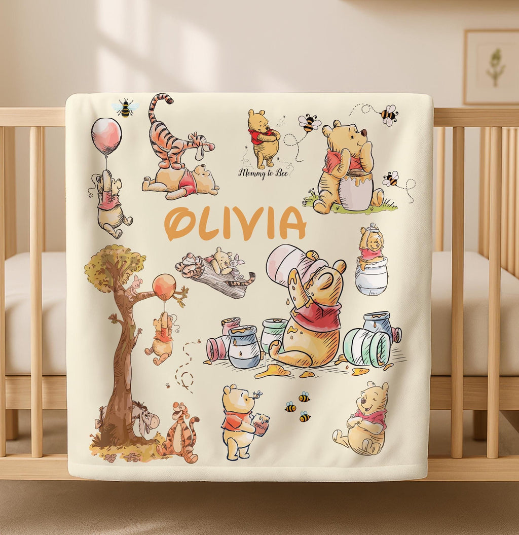 Personalized Winnie the Pooh Fleece Blanket ,Custom Name Disney Throw for Kids, Customized Kids Name Blanket, Custom Pooh & Friends Blanket