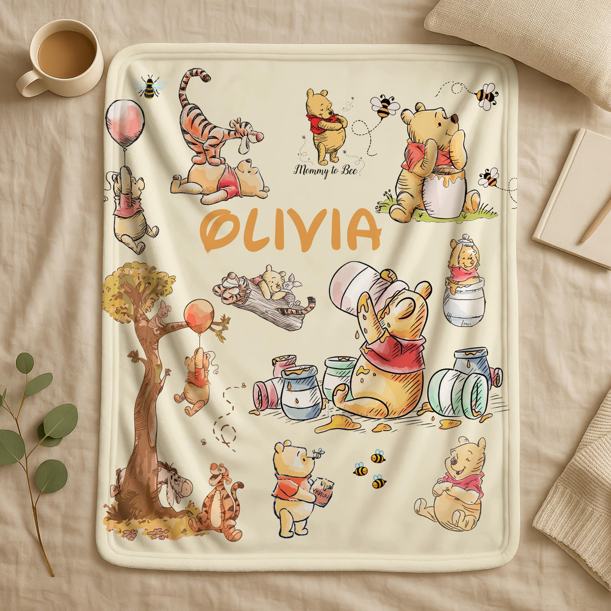 Personalized Winnie the Pooh Fleece Blanket ,Custom Name Disney Throw for Kids, Customized Kids Name Blanket, Custom Pooh & Friends Blanket