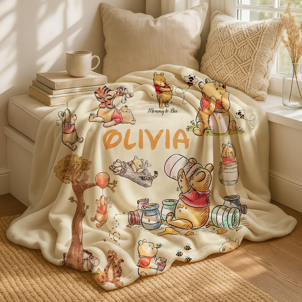Personalized Winnie the Pooh Fleece Blanket ,Custom Name Disney Throw for Kids, Customized Kids Name Blanket, Custom Pooh & Friends Blanket