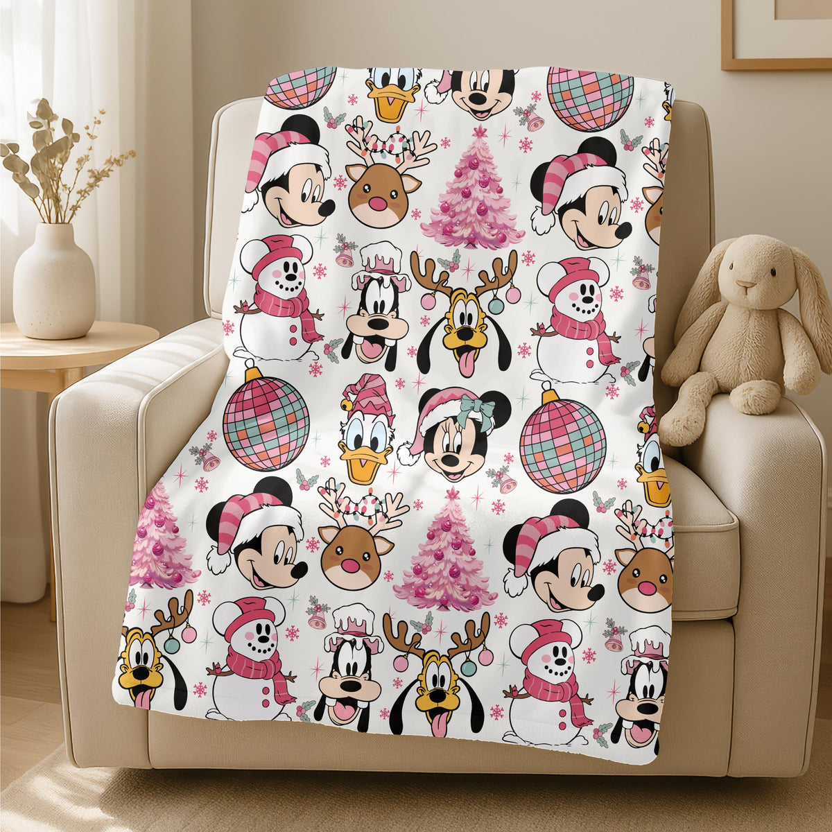 Disney Mickey & Friends Christmas Pink Tree Blanket, Pink Christmas Tree Blanket, Mickey's Very Merry Christmas Woven Blanket, Disney Gift