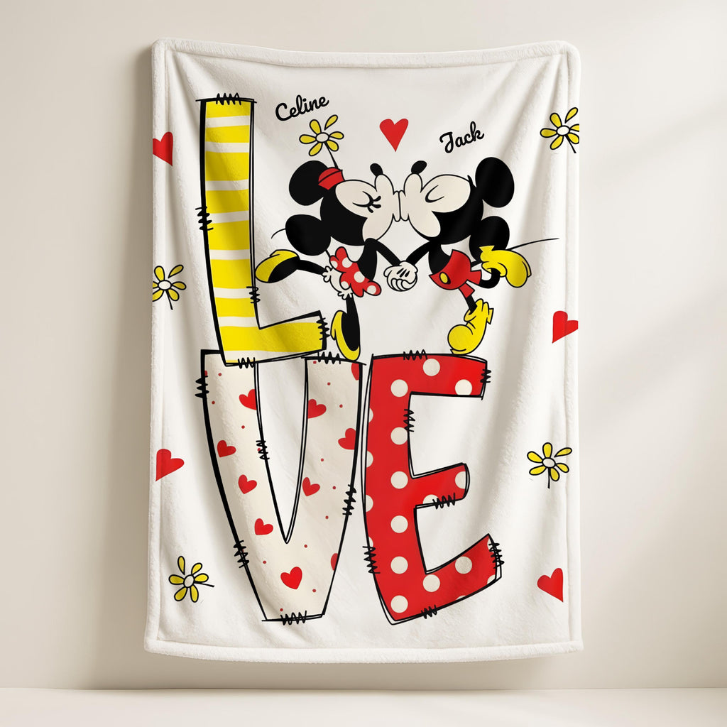 Personalized Mickey Minnie Love Blanket, Custom Disney Blanket with Name, Disney Valentines Day Gifts, Girlfriend Birthday Gift, Wife Gifts