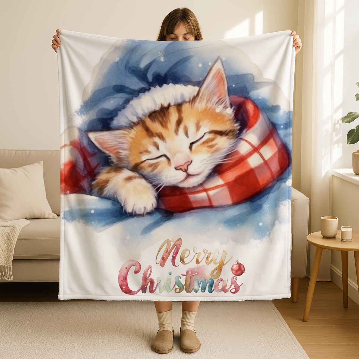 G-Sleeping Cat Christmas Blanket,Cozy Cat Blanket,Animal Lover Blanket,Perfect for Cat Lovers,Home Decor,Gifting,Cottagecore Cat Mom Blanket