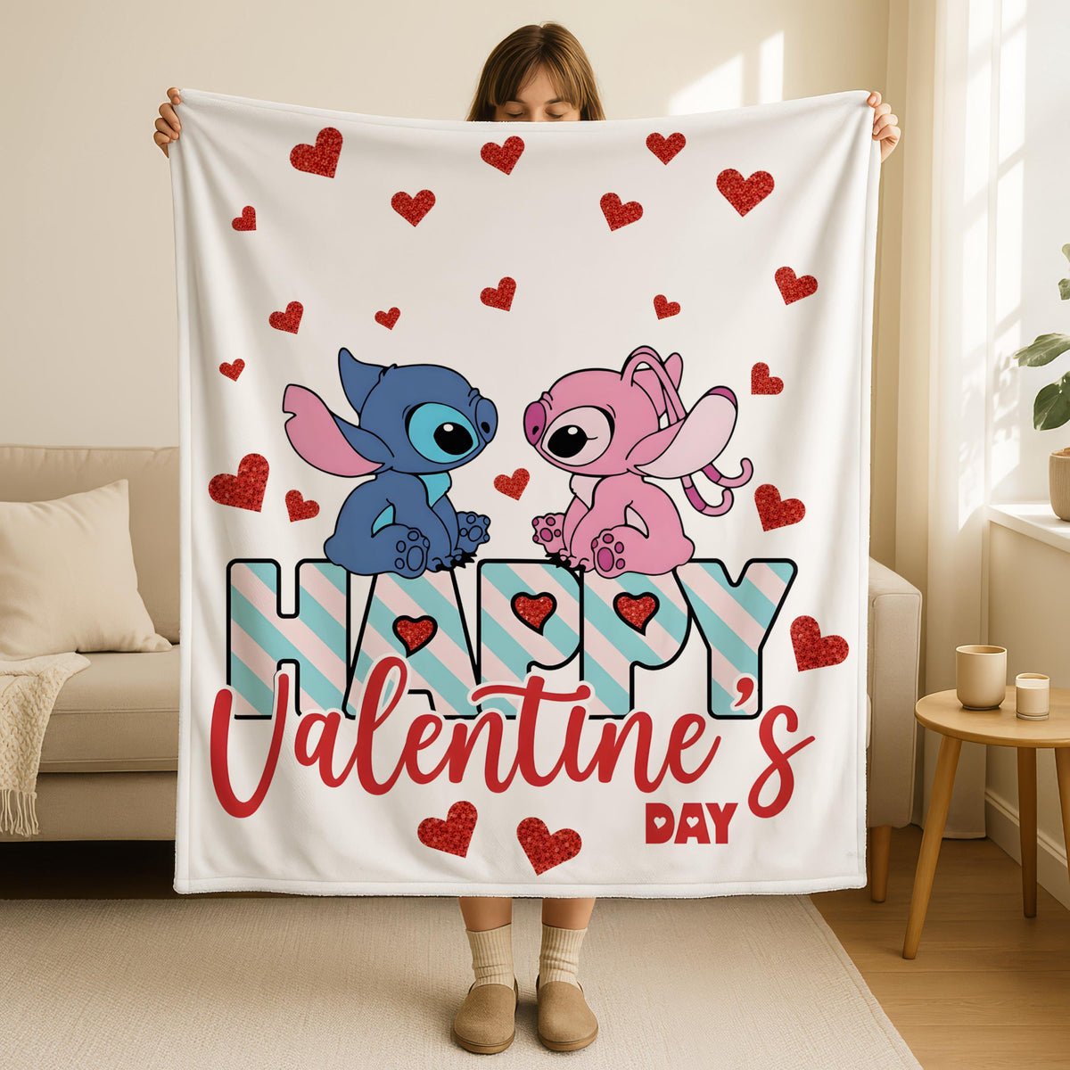 Disneyland Stitch Angel Blanket, Happy Valentines Day Blanket, Stitch And Angel Valentine Gift, Stitch Angel Love Throw Blanket Gift for Her