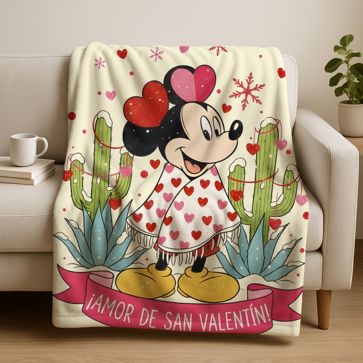 Amor De San Valentine Blanket, Minnie Mouse Mexican Valentine Throw Blanket, Valentines Day Blanket Gift, Gift for Wife, Girlfriend Blanket