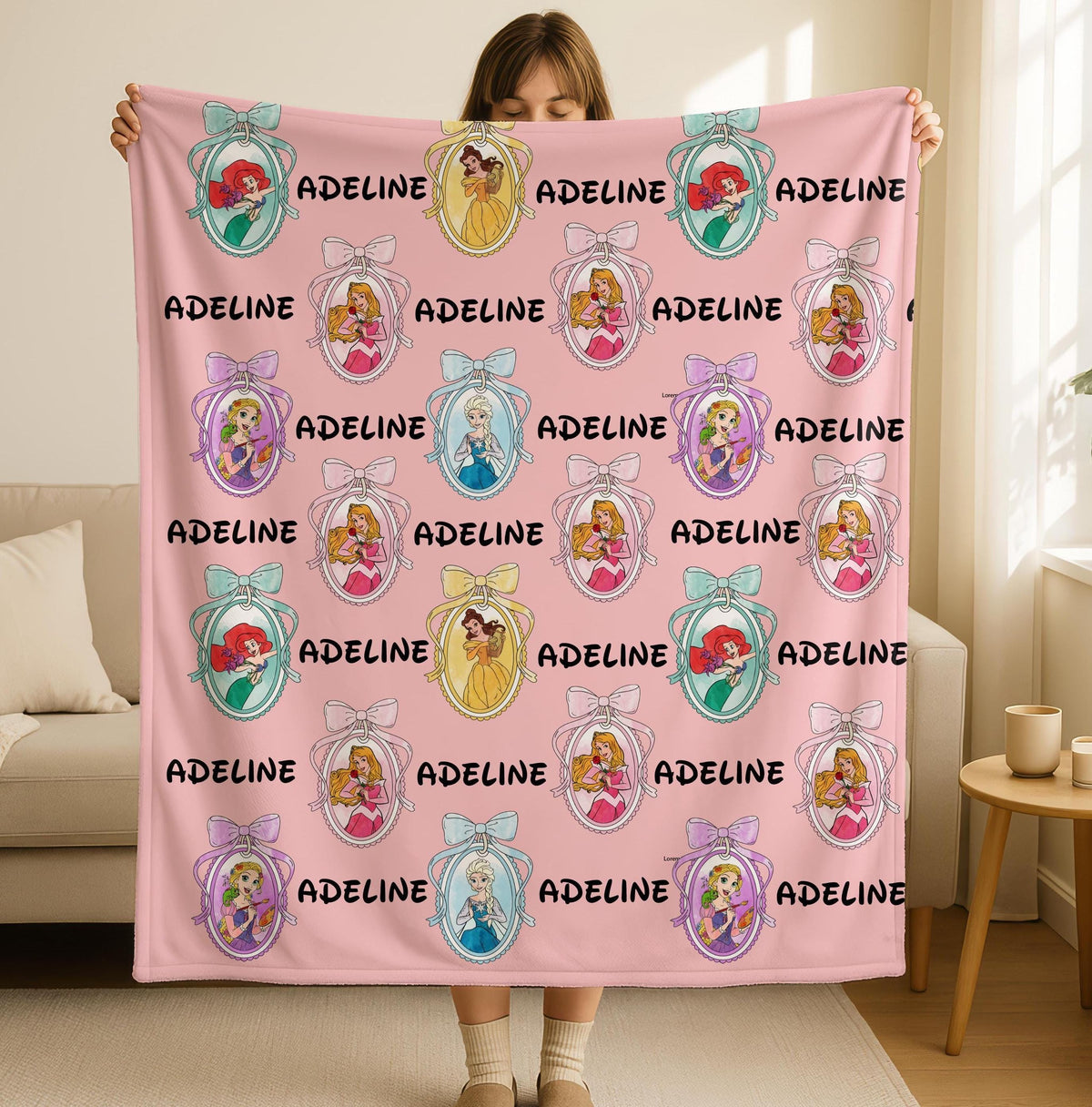 Personalized Disney Princess Blanket, Disneyland Princess Coquette Bow Blanket, Custom Name Baby Girl Blanket, Birthday Girl Blanket Gifts