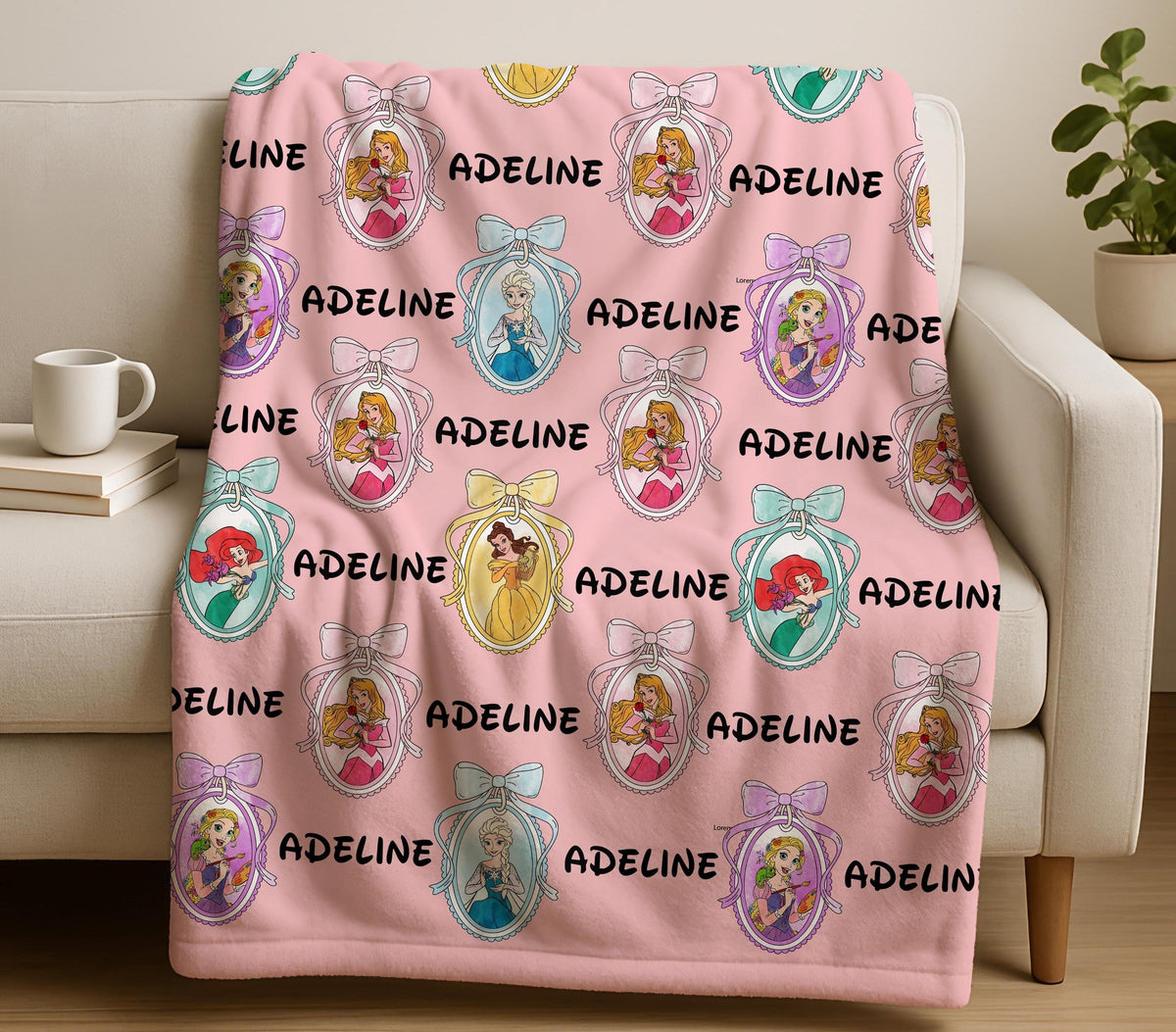Personalized Disney Princess Blanket, Disneyland Princess Coquette Bow Blanket, Custom Name Baby Girl Blanket, Birthday Girl Blanket Gifts