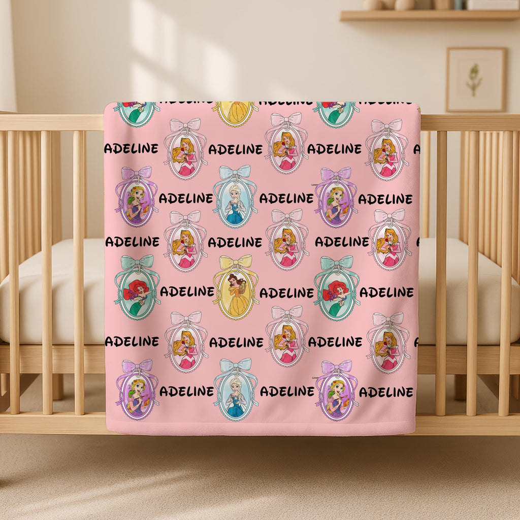 Personalized Disney Princess Blanket, Disneyland Princess Coquette Bow Blanket, Custom Name Baby Girl Blanket, Birthday Girl Blanket Gifts