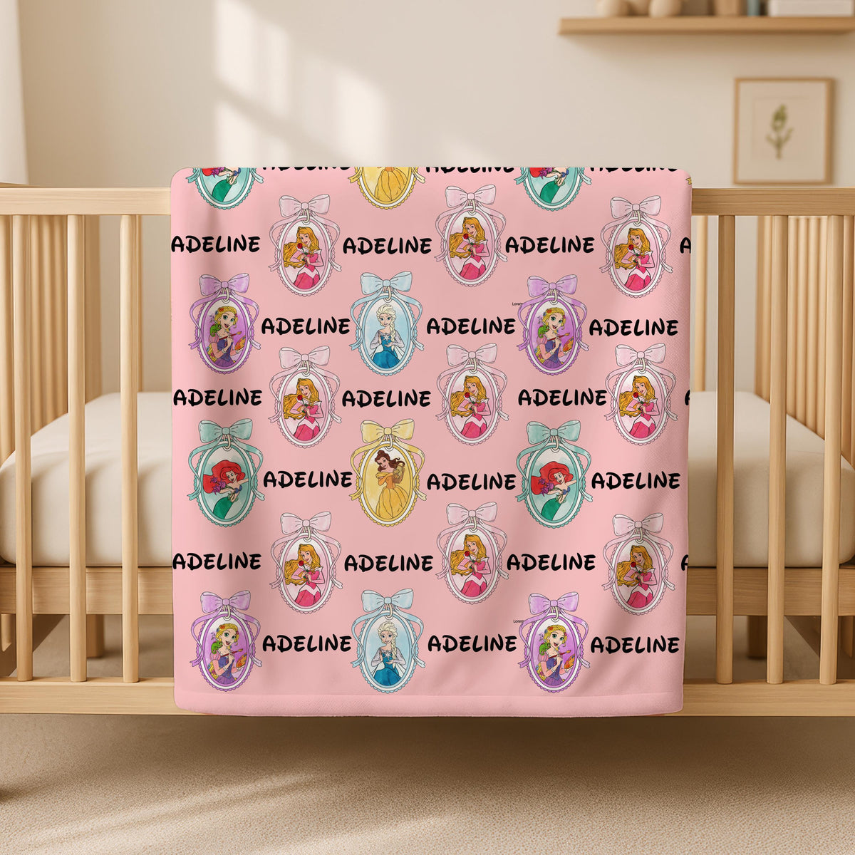 Personalized Disney Princess Blanket, Disneyland Princess Coquette Bow Blanket, Custom Name Baby Girl Blanket, Birthday Girl Blanket Gifts