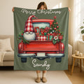 Personalized Christmas Gnome Blanket, Custom Name Flannel Throw, Vintage Christmas Truck Blanket, Christmas Present, Gnome Holiday Blanket