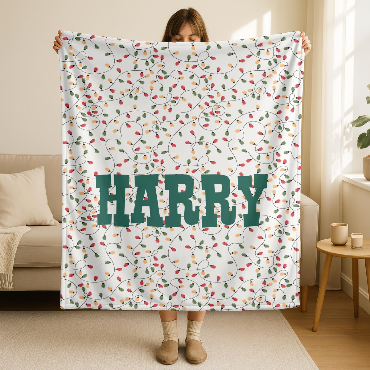 Personalized Christmas Lights Blanket, Holiday Decor