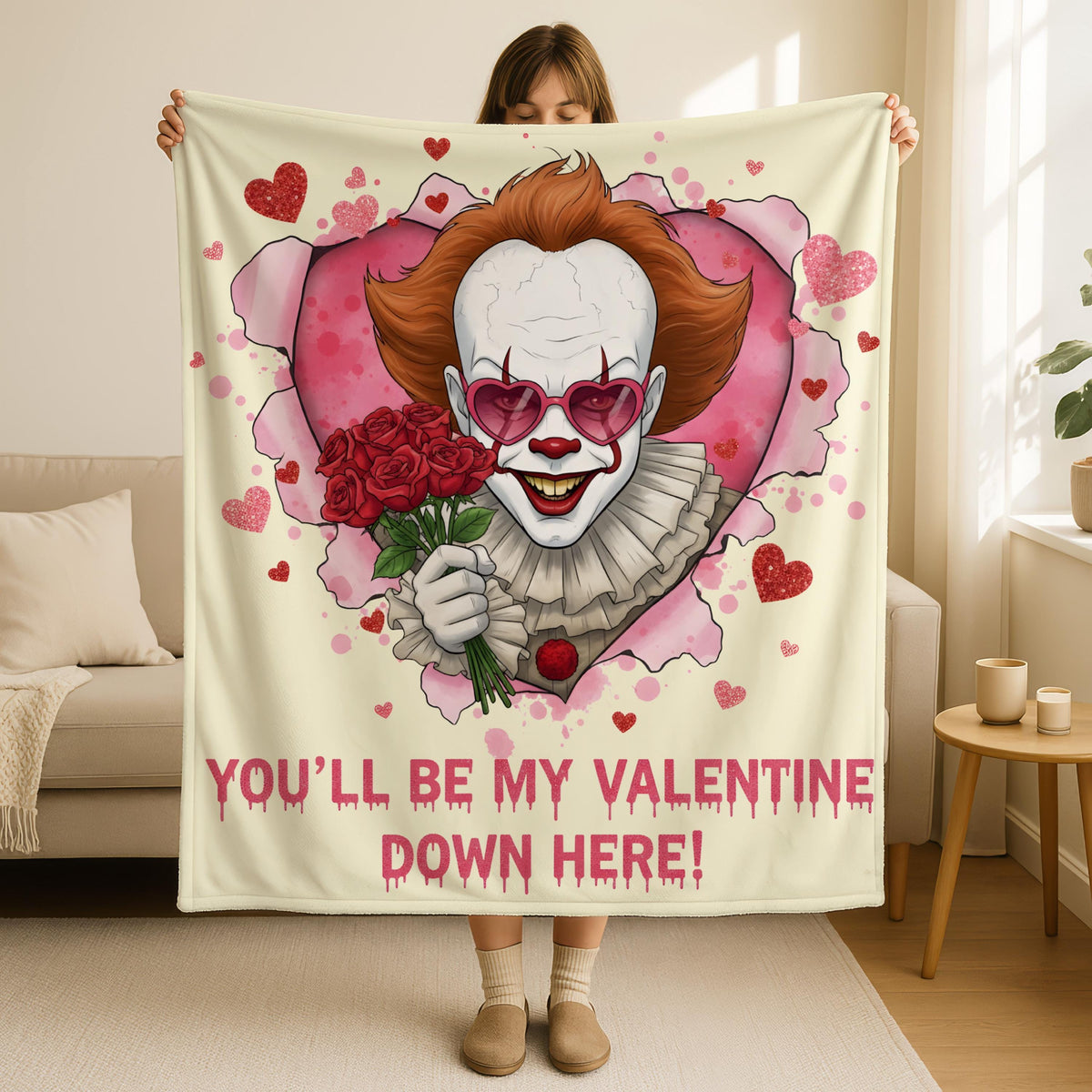Horror Pennywise Valentine Blanket, IT Movie Valentine Day Blanket, You'll Be My Valentine Down Here Blanket,Horror Characters Blanket Gifts
