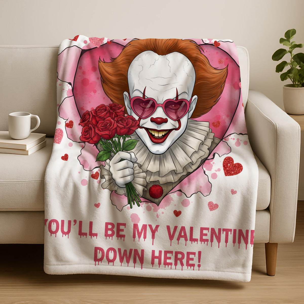 Horror Pennywise Valentine Blanket, IT Movie Valentine Day Blanket, You'll Be My Valentine Down Here Blanket,Horror Characters Blanket Gifts