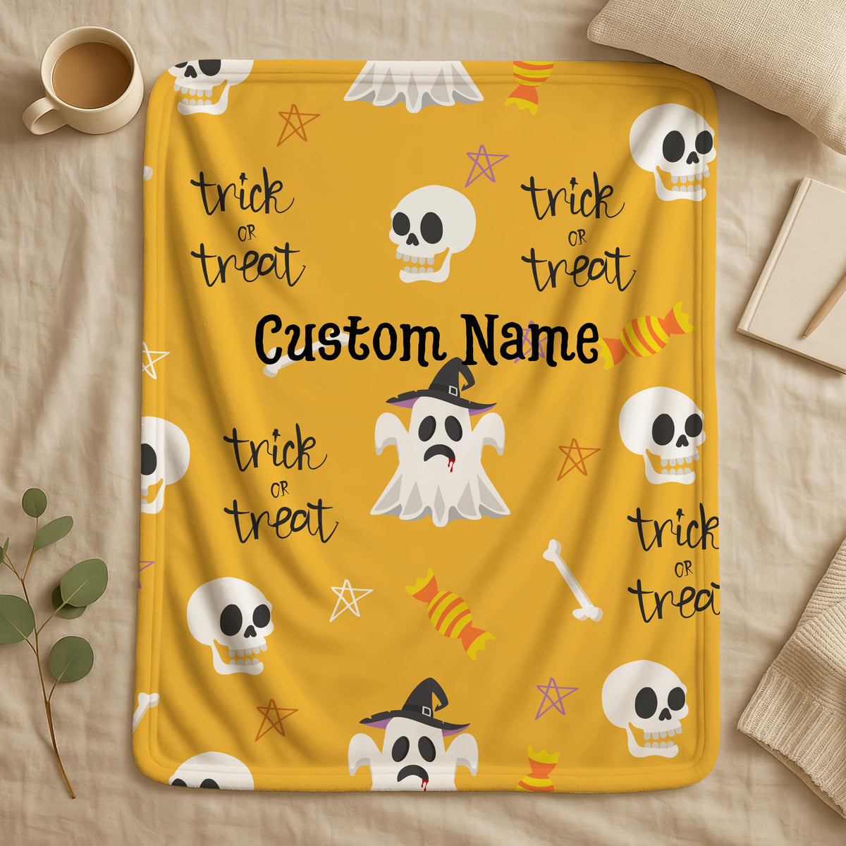 Custom Name Halloween Ghost Blanket, Spooky Blanket, Custom Halloween Gift, Back To School Gift,Personalized Halloween Name Blanket for Kids