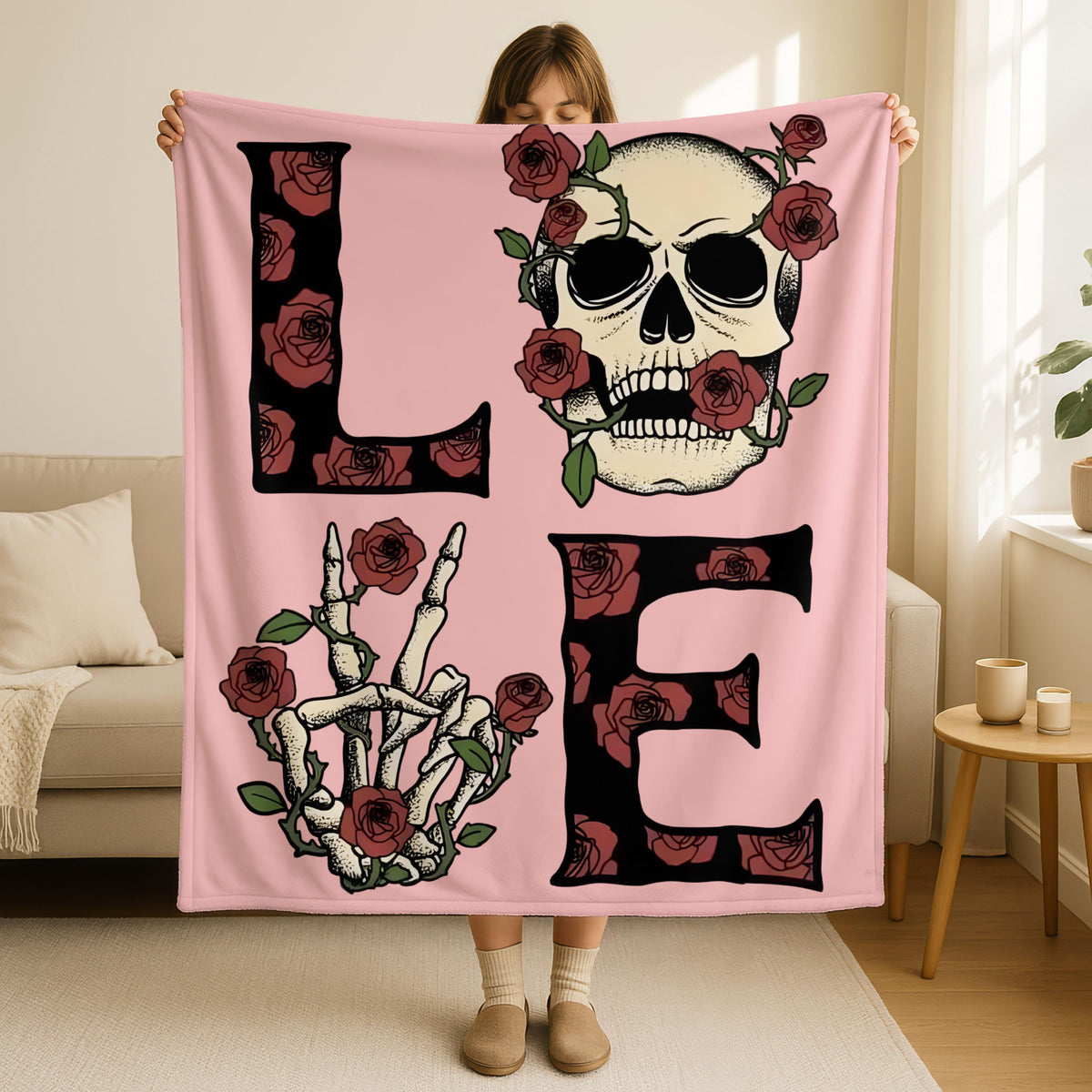 Floral Skeleton Love Blanket, Personalized Skeleton Couple Blanket, Gothic Valentine Love Throw Blanket, Romantic Creepy Gift for Him Her