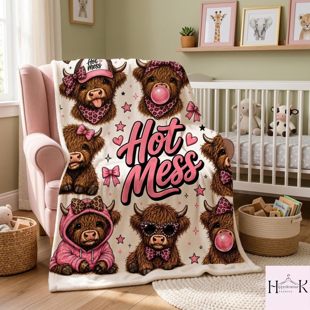 Hot Mess Highland Cow Blanket, Funny Cow Fleece Blanket, Pink Leopard Western Throw Blanket, Cute Cowgirl Gift, Cozy Farmhouse Decor