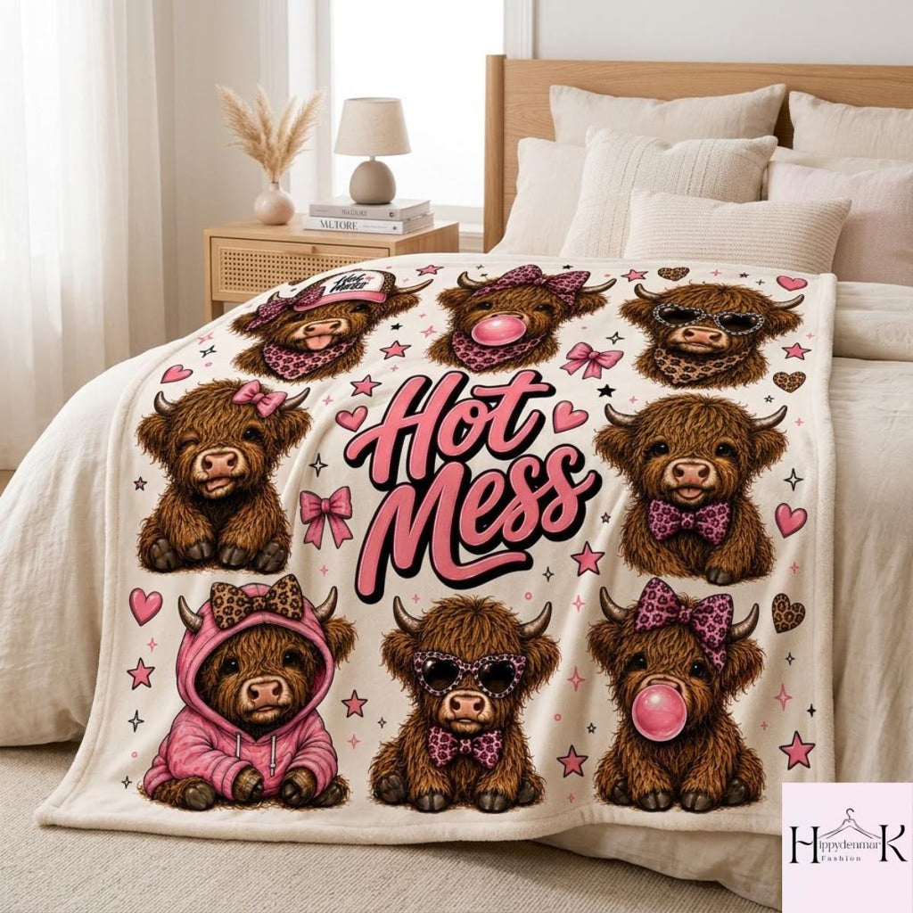 Hot Mess Highland Cow Blanket, Funny Cow Fleece Blanket, Pink Leopard Western Throw Blanket, Cute Cowgirl Gift, Cozy Farmhouse Decor