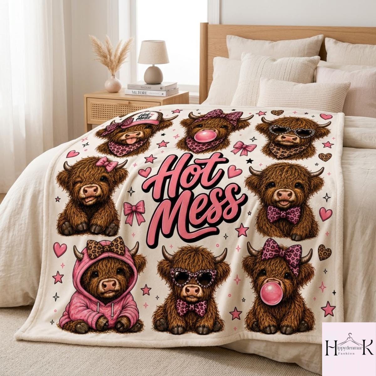 Hot Mess Highland Cow Blanket, Funny Cow Fleece Blanket, Pink Leopard Western Throw Blanket, Cute Cowgirl Gift, Cozy Farmhouse Decor