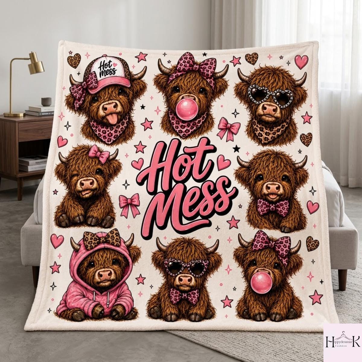 Hot Mess Highland Cow Blanket, Funny Cow Fleece Blanket, Pink Leopard Western Throw Blanket, Cute Cowgirl Gift, Cozy Farmhouse Decor