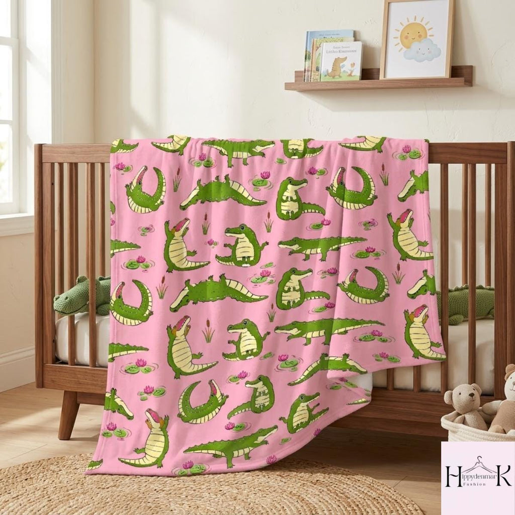 Cute Alligator Blanket, Pink Crocodile Fleece Throw, Kawaii Alligator Plush Blanket, Whimsical Animal Lover Nursery Gift