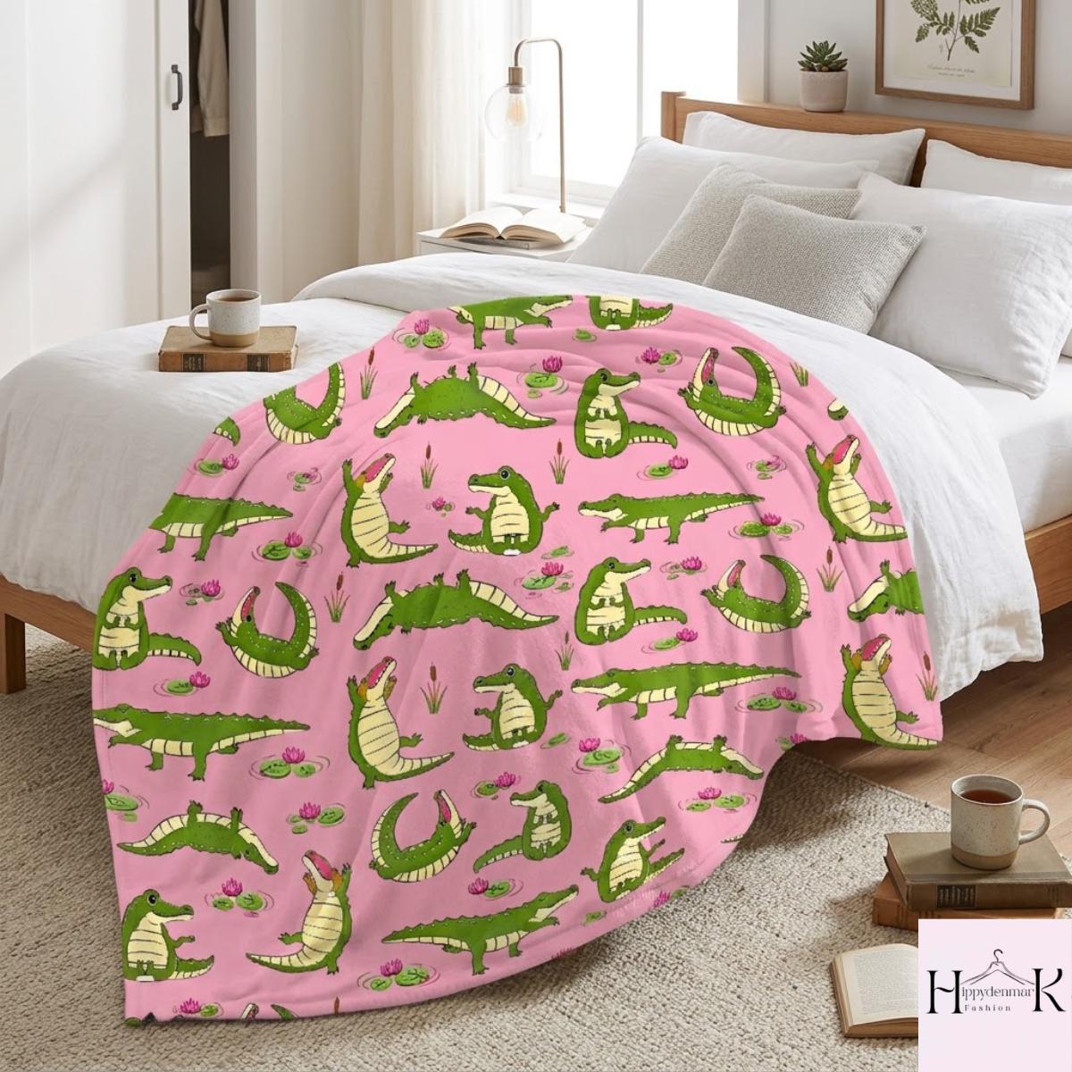 Cute Alligator Blanket, Pink Crocodile Fleece Throw, Kawaii Alligator Plush Blanket, Whimsical Animal Lover Nursery Gift