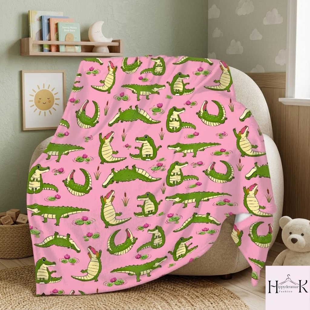 Cute Alligator Blanket, Pink Crocodile Fleece Throw, Kawaii Alligator Plush Blanket, Whimsical Animal Lover Nursery Gift